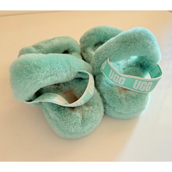 UGG Fluff Yeah Slide Sandals Kids Size 2 Aqua Shearling Fuzzy Slippers Plush - Picture 3 of 5